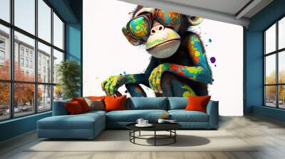 Cartoon colorful monkey with sunglasses on white background, Created with generative AI Wall mural