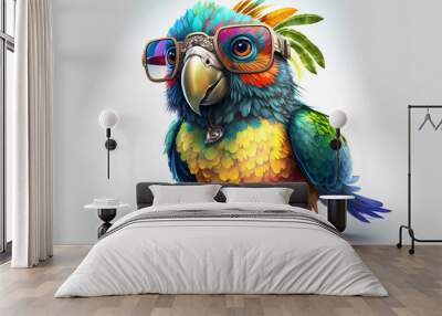 Cartoon colorful parrot with sunglasses on white background. Generative ai Wall mural