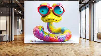 Cartoon colorful snake with sunglasses on isolated background. Created with generative ai Wall mural