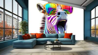 Cartoon colorful zebra with sunglasses on white background. Created with generative AI Wall mural