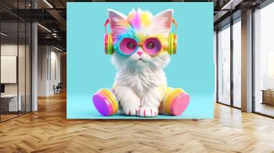 colorful cartoon character small Cat wearing sunglasses and headphones Wall mural