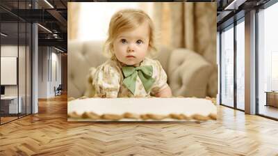 cute baby girl celebrates birthday one year,  beautiful cake, in pastel green. Generative AI Wall mural