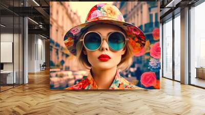 Fashion woman wearing trendy sunglasses and in a textile hat. Retro style 60s style girl and in a hat, Paris, floral collage. Generative AI Wall mural