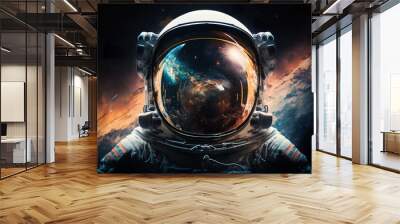 Front view astronaut potrait. Astronaut in space suit with galaxy and nebula reflection in helmet glass. Illustration. Generative AI. Wall mural