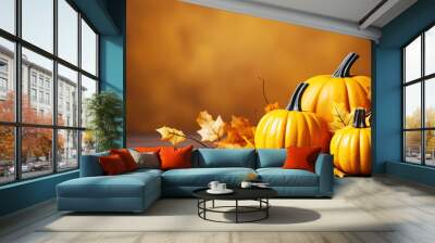 orange Halloween background with pumpkins, leaves, twigs Wall mural