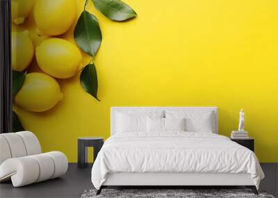 Ripe lemons on on yellow. background, copy space. Generative AI Wall mural