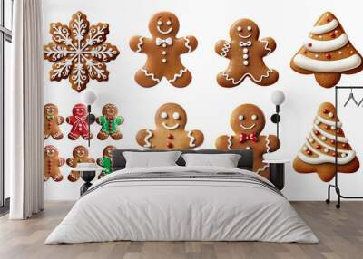 set of gingerbread cookies with the shape of a man, a snowflake and a Christmas tree with white icing on transparent. Christmas gingerbread Wall mural