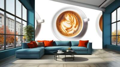 Set with cups of hot aromatic espresso coffee, latte, cappuccino Isolated cutout on transparent background Wall mural