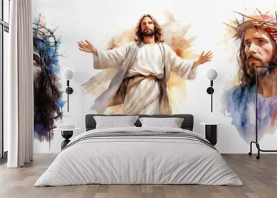 Watercolor drawing Jesus Christ. Set of illustrations of Jesus Christ Isolated cutout on transparent background. Wall mural