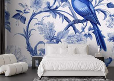 Watercolor plants and birds pattern blue color. Art. Generative AI Wall mural