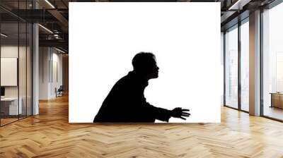 Silhouette of a backlit model posing as a businessman on a white background.  He is crouched on the ground like a detective looking or searching for something on the floor Wall mural