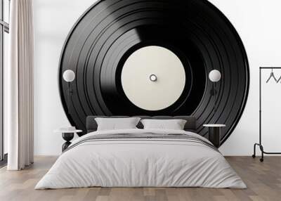 A close-up of a classic black vinyl record with a plain white label in the center, showcasing its grooves and smooth surface, symbolizing vintage music culture Wall mural