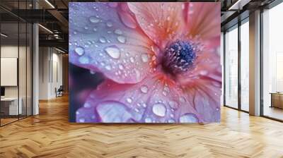 A close-up of a delicate flower displaying soft pink petals adorned with droplets of water, highlighting its intricate details and vibrant hues Wall mural