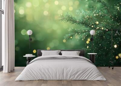 A close-up of a pine branch with soft, green bokeh lights in the background creating a dreamy, festive atmosphere Wall mural