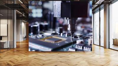 A close-up view of a precision tool mounted above a circuit board, engaged in electronic manufacturing or repair, showcasing intricate components and machinery Wall mural