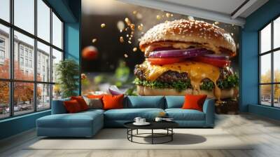 A delicious, cheesy burger with fresh toppings, featuring a sesame seed bun and vibrant vegetables, captured in an appetizing, mouth-watering setting Wall mural