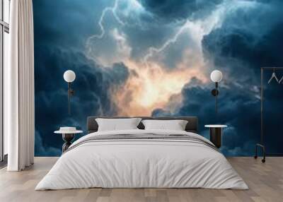 A dramatic sky filled with dark, swirling clouds illuminated by flashes of light, set against turbulent ocean waves, creating an atmosphere of impending storm Wall mural