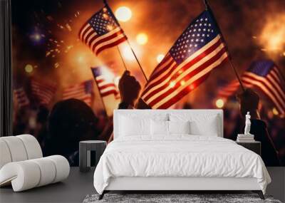 A group of people waving American flags during a nighttime celebration with bright lights and sparklers in the background. Wall mural