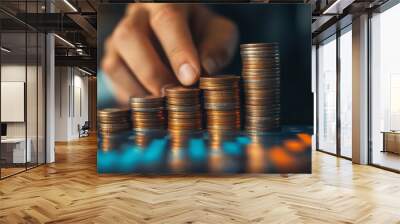 A hand adjusts stacks of coins on a digital tablet, symbolizing financial growth and investment strategies in a modern business environment Wall mural