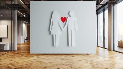 A minimalist image of a man and woman holding hands with a red heart between them, representing love and romance. Wall mural