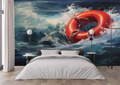 A vibrant red lifebuoy floats on tumultuous, wavy sea waters, indicating a potential rescue situation. Wall mural