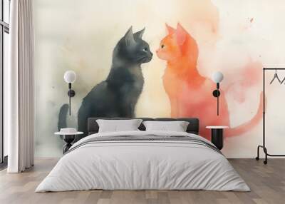 A watercolor painting of two cats, one black and one orange, facing each other with soft pastel colors in the background, evoking a sense of harmony and connection Wall mural