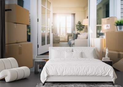 A welcoming entrance with moving boxes outside a cozy home, highlighted by natural light streaming through the open doors Wall mural