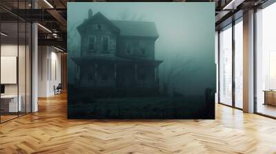 An old, abandoned house stands in a foggy environment, surrounded by eerie, leafless trees. Wall mural