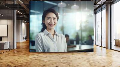 Beautiful Asian lady in casual clothing smiling in the city office smiling happily and confidently Wall mural