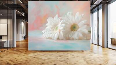 Two daisy petals arranged artistically on a pastel colored table, soft focus, serene and calming Wall mural