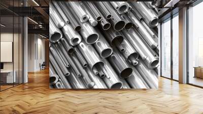 Close-up set of different diameters metal round tubes, pipes, gun barrels  and kernels. Industrial 3d illustration Wall mural