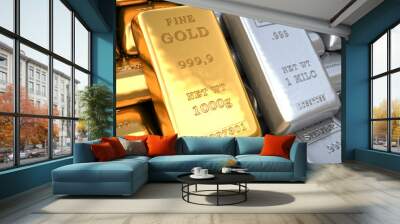 Silver ingot and  gold bullion. Finance illustration Wall mural