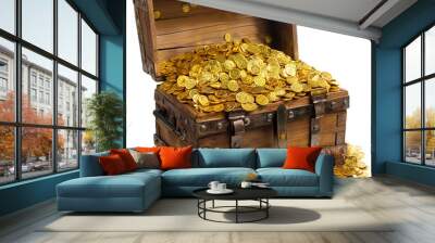 Glittering pirate treasure chest overflowing with gold coins and jewels, set against a clear backdrop. Radiant gems and coins spill from the intricately crafted chest, evoking a world of adventure  Wall mural