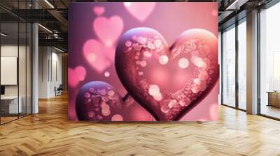 Two hearts, intricately designed with a cute touch, stand out on a soft pink background, decorated with bokeh to enhance its sweetness. . Generative AI Wall mural