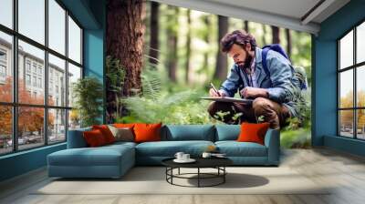 An environmental conservation surveyor in the forest, diligently recording data as part of field research, showcasing commitment to preserving nature and sustainability, generative ai Wall mural