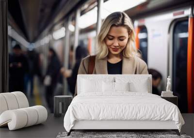 Candid morning shot of a woman using her smartphone during her subway commute, engrossed in work and connectivity, generative ai Wall mural