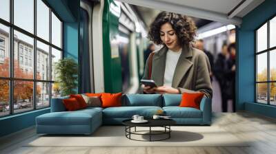 Candid morning shot of a woman using her smartphone during her subway commute, engrossed in work and connectivity, generative ai Wall mural