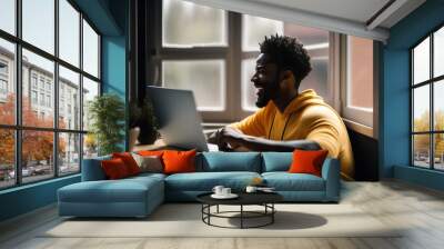 Candid photo of an African American man using a laptop and having a video conference call working from home, remote work, generative ai Wall mural