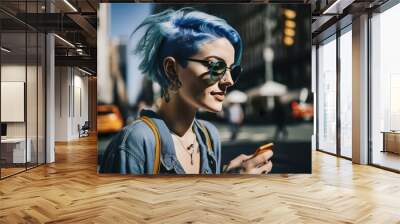 Candid portrait, millennial female with blue hair and tattoos smiling using smartphone on sunny street in New York City, casual, carefree, connectivity, generative ai Wall mural