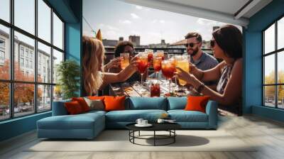 Candid shot of a group of friends toasting with drinks on a rooftop patio, enjoying a summer social gathering and celebrating togetherness, generative ai Wall mural