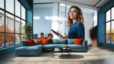 Confident businesswoman delivering a corporate presentation at a seminar or conference. The image showcases her expertise and leadership skills in a professional setting, generative ai Wall mural