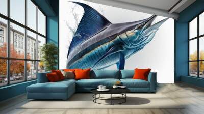 Detailed illustration of a blue marlin swordfish jumping out of the ocean isolated on a white background, generative ai Wall mural