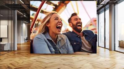 Excited couple enjoying a thrilling, high-speed ride at an amusement park, their laughter symbolizing the fun of a summer vacation, generative ai Wall mural