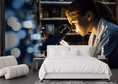 Expert female microbiologist scrutinizes medical samples using modern microscope in a tech-driven lab, driving breakthroughs in healthcare innovation. Wall mural