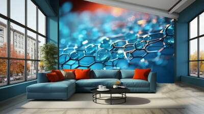 Futuristic blue-hued nanotech concept with glowing lattice-like structures, symbolizing biotechnology advances and singularity. Wall mural