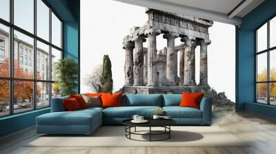 Historical stone ruins of an ancient temple with columns isolated on a white background, generative ai Wall mural