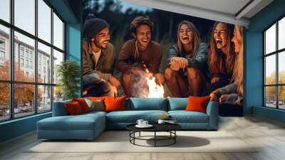 Joyous group of millennials laughing and bonding around a campfire, embodying friendship and fun during a wilderness camping adventure, generative ai Wall mural