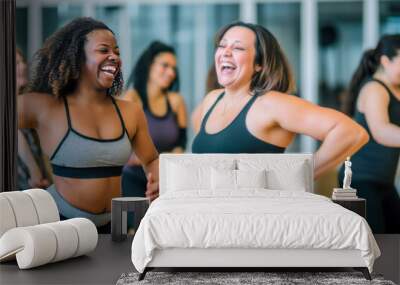 Middle-aged women enjoying a joyful dance class, candidly expressing their active lifestyle through Zumba with friends, generative ai Wall mural