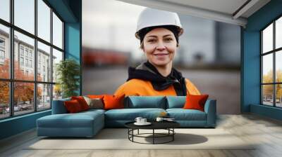 Portrait of a smiling female engineer at an oil refinery, confidently overseeing operations, maintaining safety standards, and ensuring the efficient production of petroleum products, generative ai Wall mural