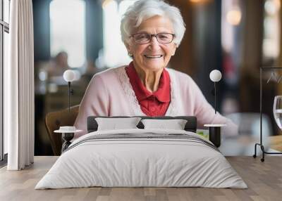 Senior woman in a retirement home, happily enjoying a healthy lunch, showcasing a lifestyle of well-being and contentment, generative ai Wall mural